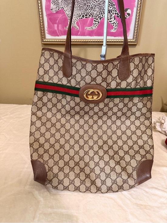 Gucci Handbags - Gucci Brown GG Supreme Canvas Tote with Green-Red Stripe and Gold Hardware